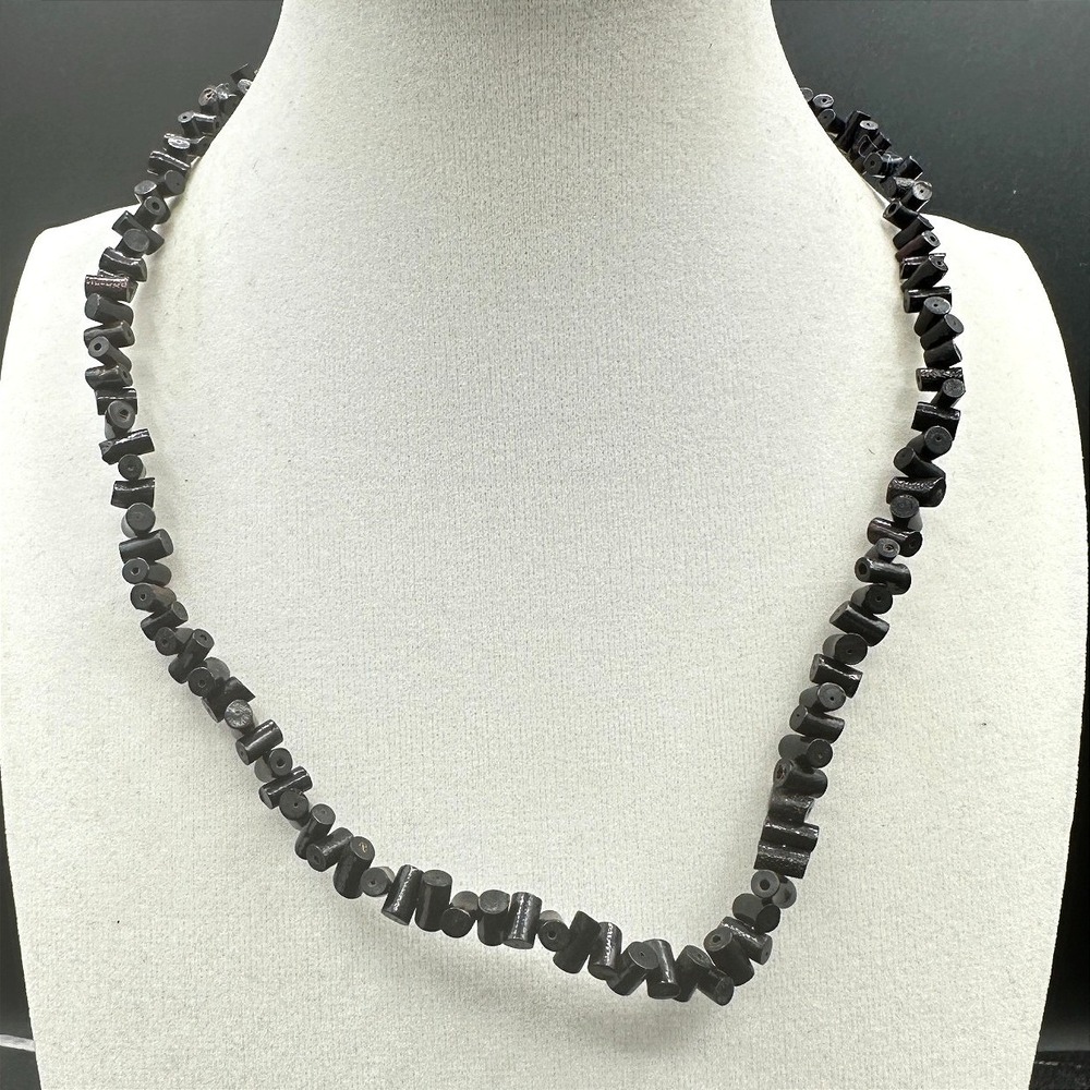 Vintage Black Heishi Necklace Chunky Cylinder Bead Strand Earthy Tribal Boho Y2K
